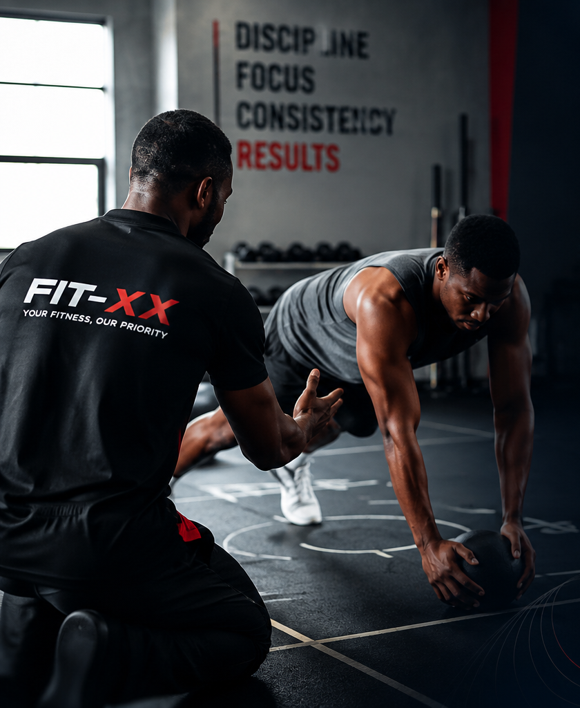 FIT-XX coach guiding an athlete through a medicine-ball push-up drill